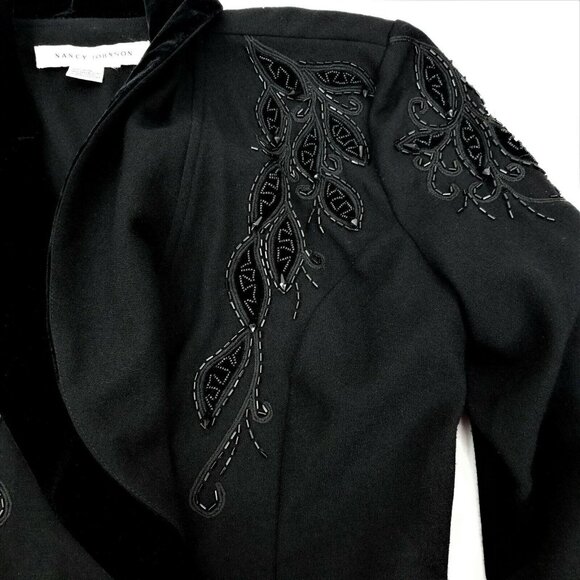 Nancy Johnson Vintage Black Wool Dress S M Velvet Collar Beaded Embellished Long - Picture 8 of 10